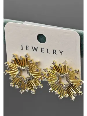 Ortası Yıldızlı Madalyon Şeklinde Taşlı Altın Küpe