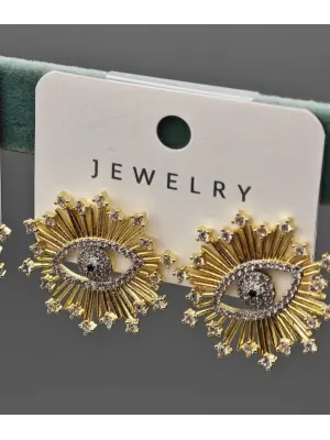 Horusun Gözü Taşlı Hasır Model Altın Vip Küpe