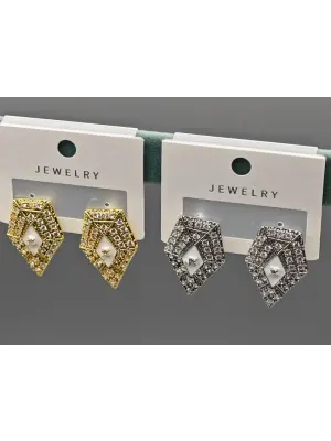 Altın Kaplama Beşgen Taşlı Ortası Beyaz Abiye Küpe