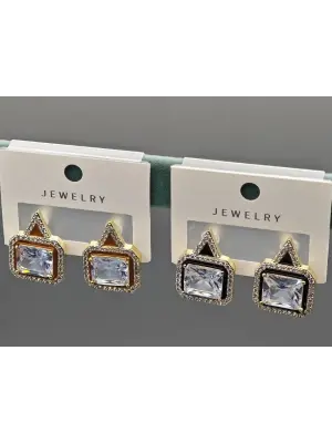 Baget Taşlı Kare Siyah Kahverengi Çift Vip Çelik Küpe