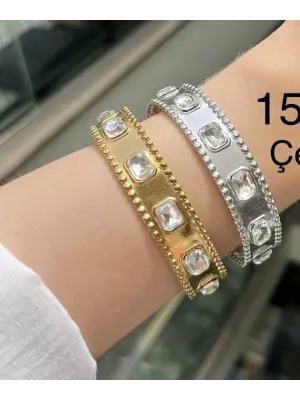 Baget Taşlı Gurmet Model Kelepçe Bileklik Gold ve Gümüş