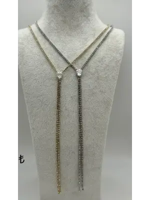 Beyaz Baget Taşlı Su Yolu Zincir Gold Gümüş Su Yolu Uzun Kolye