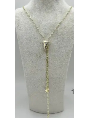 Üçgen Uzun Y Kolye Taşlı Altın Kaplama