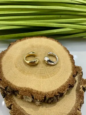 Bombeli Taşsız Çelik Earcuff Küpe Gümüş+Gold