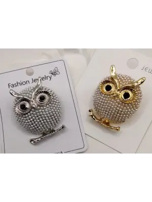 Taşlı İncili Baykuş Motifli Broş & Yaka İğne