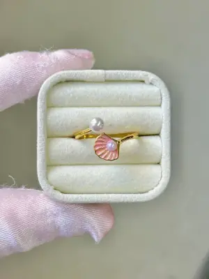 İncili Midye Model Çelik Yüzük Gold