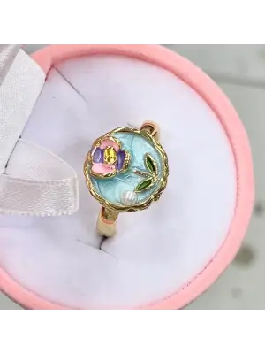 Mavi Sanat Eseri Tuval İşleme Kadın Yüzük Modeli