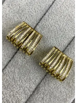 Çoklu Görünümlü Büyük Taşlı Gold Kadın Küpe