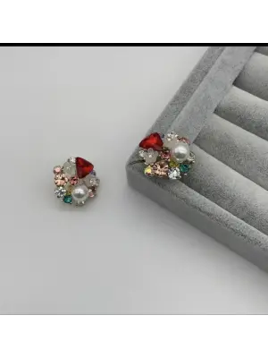 İnci Detaylı Kırmızı Pembe Taşlı Çiçek Desenli Abiye Küpe