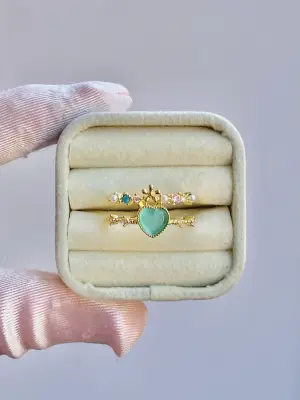 Yeşil Kalpli Taşlı Zarif Ayarlanabilir Yüzük
