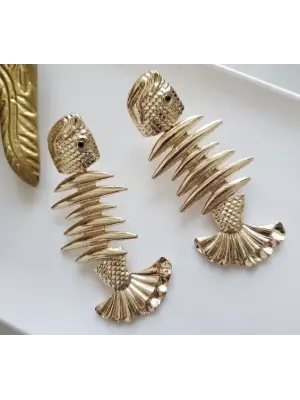 Altın Renk Balık Motifli Küpe Fishbone Kılçık Figür