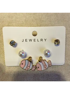 Pembe Süs Balığı Motifli İncili Çocuk Set Küpesi