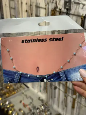 Turkuaz Boncuklu Altın Çelik Bel Zinciri – Renkli Vücut Zinciri