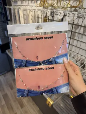 Pembe Taş Detaylı Çelik Göbek Zinciri Romantik Vücut Kolyesi