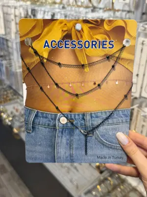 Siyah Boncuk Detaylı Katmanlı Çelik Vücut Zinciri Göbek Kolyesi