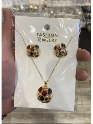 Topçuk Küre Model Kırmızı Lacivert Kolye Küpe Takı Seti