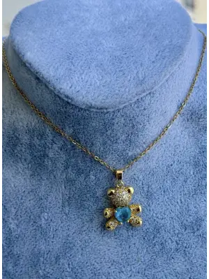 Elinde Mavi Kalp Tutan Ayı & Ayıcık Altın Kaplama Çelik Kolye