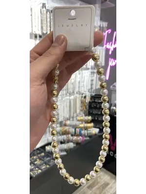 Sıralı Beyaz İnci – Altın Topçuk İncili Çelik Kolye