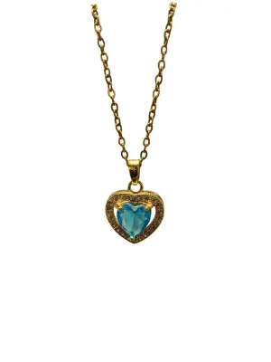 Mavi Turkuaz Taşlı Kalpli Altın Kaplama Kolye