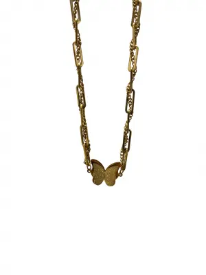 Çift 2 Zincirli Gold Renk Taşsız Kelebek Motifli Sarkıtmalı Uzun Kolye