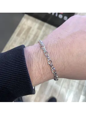 Gümüş Kaplama Figaro Zincir Çelik Erkek Bileklik