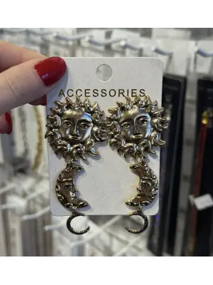 Güneş ve Ay Figürlü Gold Büyük Sallantılı Çelik Küpe