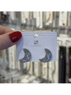 Baget Taşlı Ay Form Silver Parlak Kararmaz Küpe