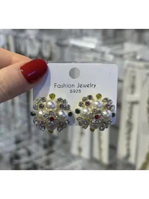 İnci ve Renkli Taşlı Çiçek Form Gold Kararmaz Küpe