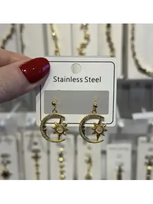 Kutup Yıldızı Ay ve Güneş Motifli Altın Çelik Küpe