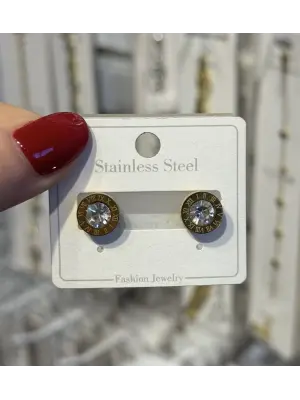 Roma Rakamlı Yuvarlak Zirkon Taşlı Çelik Kadın Küpe