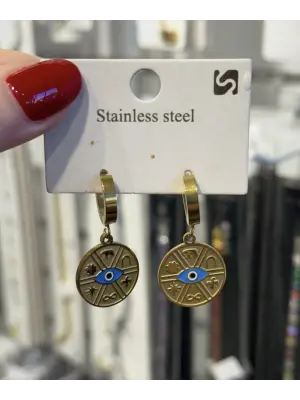 Sallantılı Daire Şeklinde Madalyon Üzerinde Mavi Göz İşleme Küpe