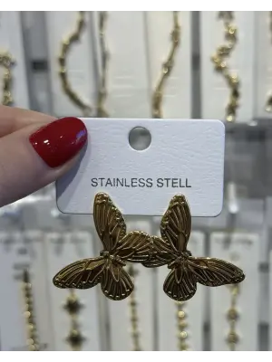 Altın Renk Desenli Taşsız Kelebek Motif Kadın Küpe