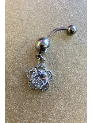 Gümüş Kaplama Taşlı Orta Boy Cerrahi Çelik Göbek Piercing