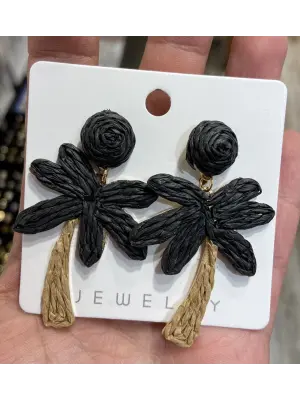 İpli El Yapımı Hasır Palmiye Ağacı Küpe Siyah Renk