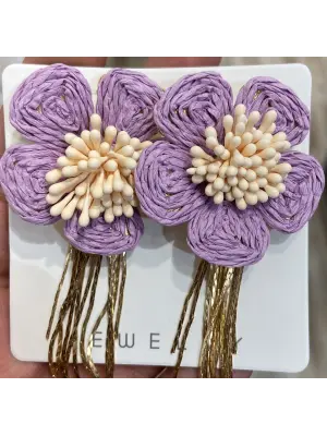 İpli El Yapımı Hasır Lila - Mor Renkli Çiçek Küpe Altın Sarkıntılı