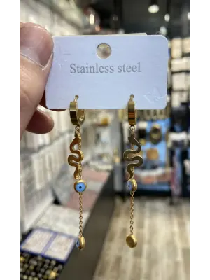 Sallantılı Nazar Boncuğu Detaylı Yılan Küpe Altın Renk Çelik