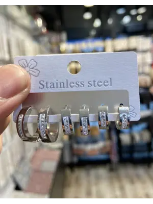 Boy Boy 6lı Taşlı Halka Model Çoklu Küpe Seti Gümüş Renk