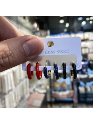 Küçük Boy Kırmızı-Siyah-Mavi Renkli Çoklu Halka Küpe Seti