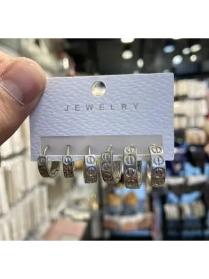 Üzeri İşlemeli 6lı Gümüş Renk Halka Küpe Seti