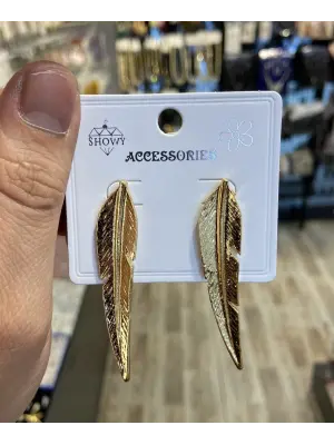 Uzun Altın Renk Tüy & Yaprak Model Günlük Kadın Küpe