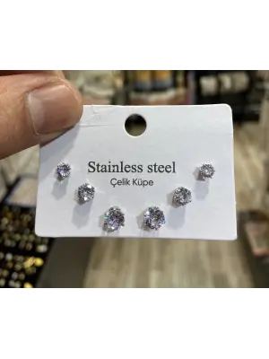 Gümüş Renk Çoklu Boy Boy Tektaş Pırlanta Çelik Küpe Seti