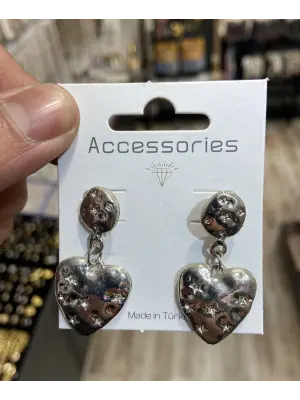 Günlük Model Sallantılı Yıldız İşlemeli Gümüş Renk Kalpli Küpe