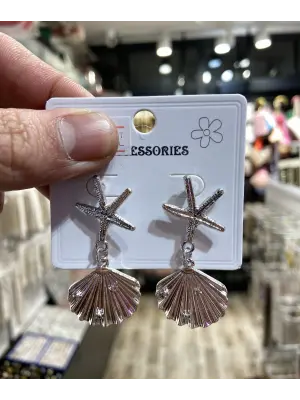 İki Katlı Beyaz Deniz Yıldızı ve Deniz Kabuğu & İstiridye Model Küpe