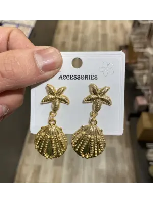 Sallantılı Deniz Yıldızı, Midye & İstiridye Kabuğu Detaylı Altın Kaplama Yazlık Küpe