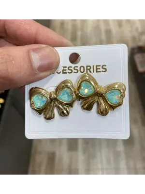 Renkli Taşlı Sarı Renk Bombeli Kurdele & Fiyonk Küpe