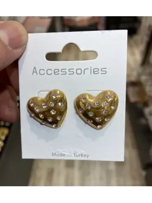 Sarı Renk Büyük Taşlı Kalpli Kadın Küpesi Çelik