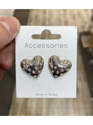 Gümüş Renk Büyük Taşlı Kalpli Kadın Küpesi Çelik