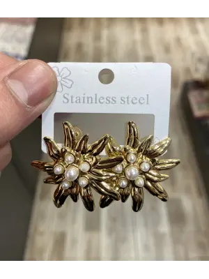 Çok İncili Çiçek Şeklinde Çelik Küpe Gold Renk