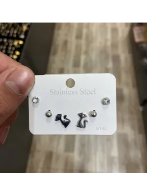 3 Çift Küçük Çelik Çoklu Küpe Seti - Kedi, Tektaş, Topçuk