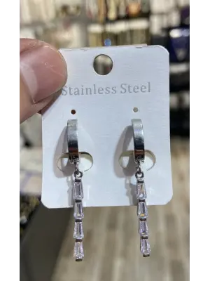 Şerit Zirkon Taşlı Gümüş Renk İnce Düğünlük Abiye Küpe